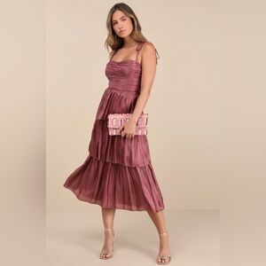 Lulus Tennon Dusty Rose Plisse Tiered Midi Dress